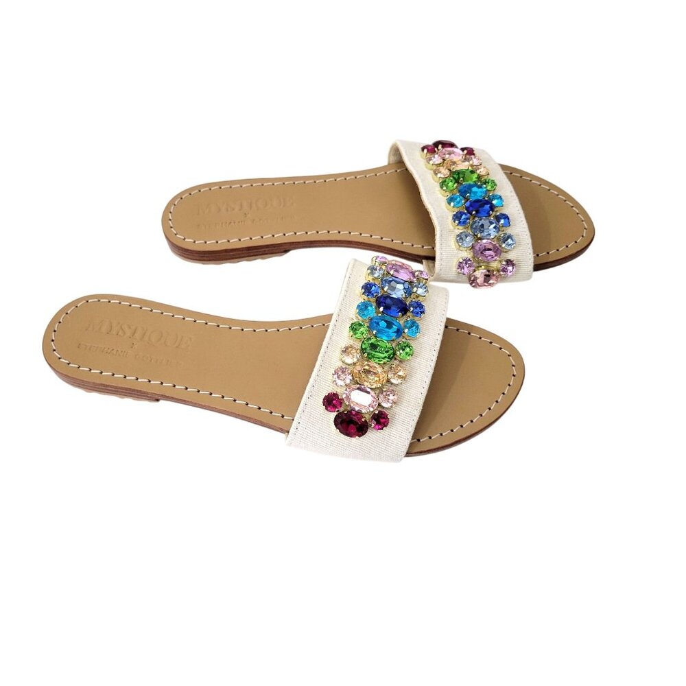Mystique Bejeweled White Sandals With Rainbow Crystal Embellishments - Slip-On - Picture 7 of 7